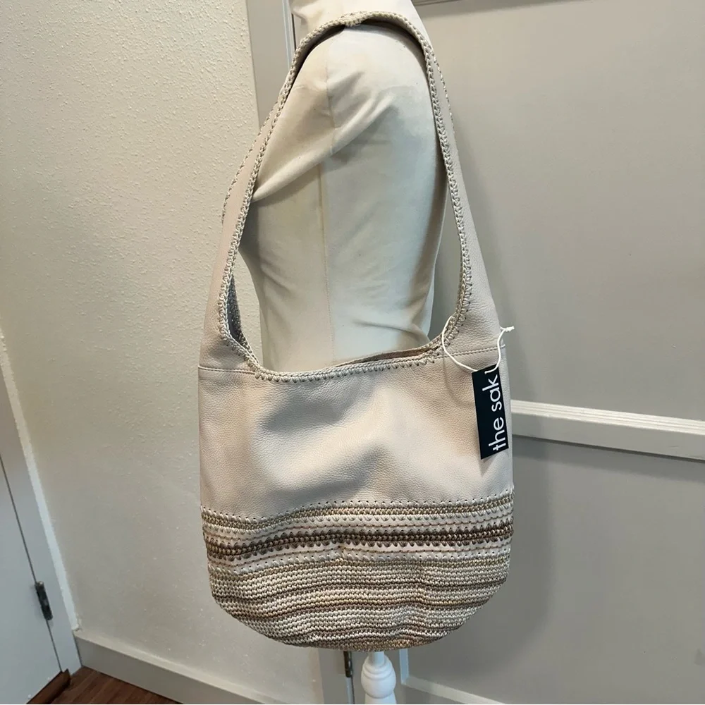 The Sak 120 Medium Leather Tan and Cream Crochet Hobo Bag